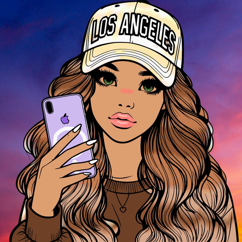 realistic beautiful girl wearing los ángeles cap holding an iphone