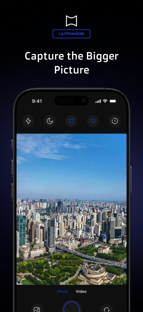 Ultra Camera 200x - Super Zoom - iPhone interface showing the Ultra Camera 200x app using its ultrawide lens to capture a broad city skyline
