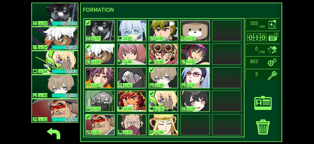 METRO QUESTER | OSAKA - Party formation menu in Metro Quester Osaka showing a grid of character portraits and levels with a green retro UI