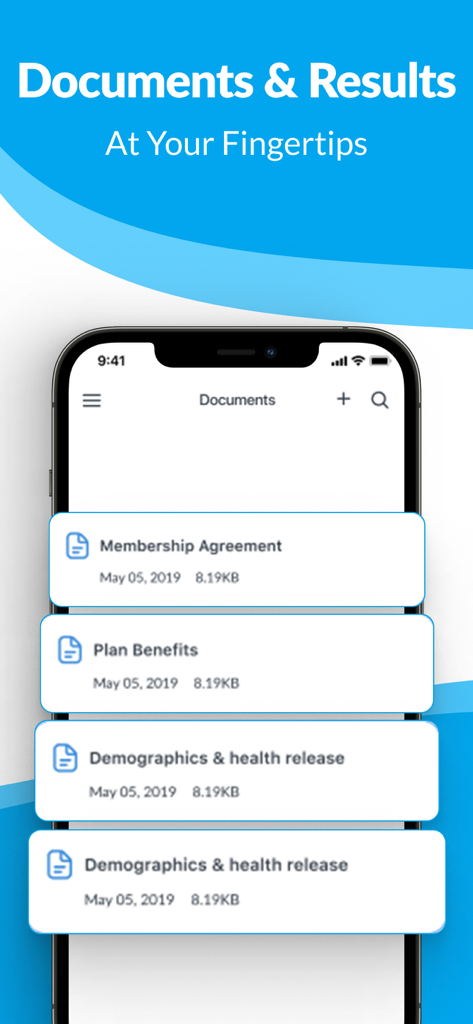 WeHealth Telehealth - WeHealth App-Bildschirm, der eine Liste digitaler medizinischer Dokumente und Gesundheitsergebnisse anzeigt, einschließlich Planleistungen und Gesundheitsfreigaben.