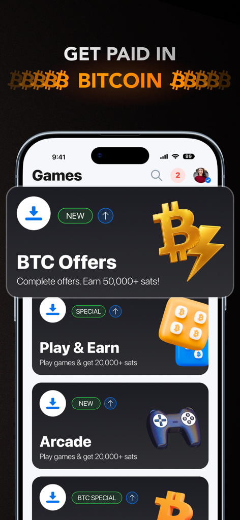 A screenshot of the sMiles app Games section showing options to earn Bitcoin by playing games and completing offers.