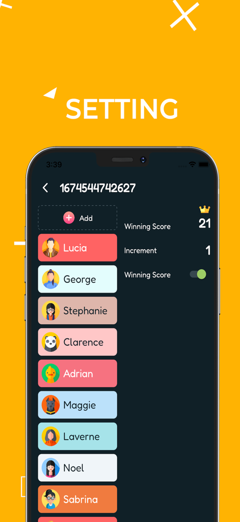 Mobile app interface showing game settings and a list of players for score tracking