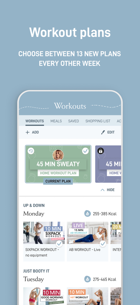Pam Fitness and Food app screenshot showing the workout planner with a weekly exercise schedule and calorie burned estimates