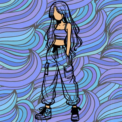 girl in baggy pants crop top and long hair