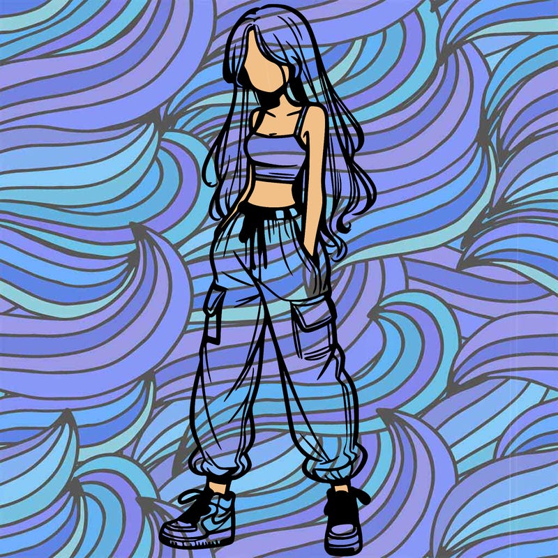 girl in baggy pants crop top and long hair