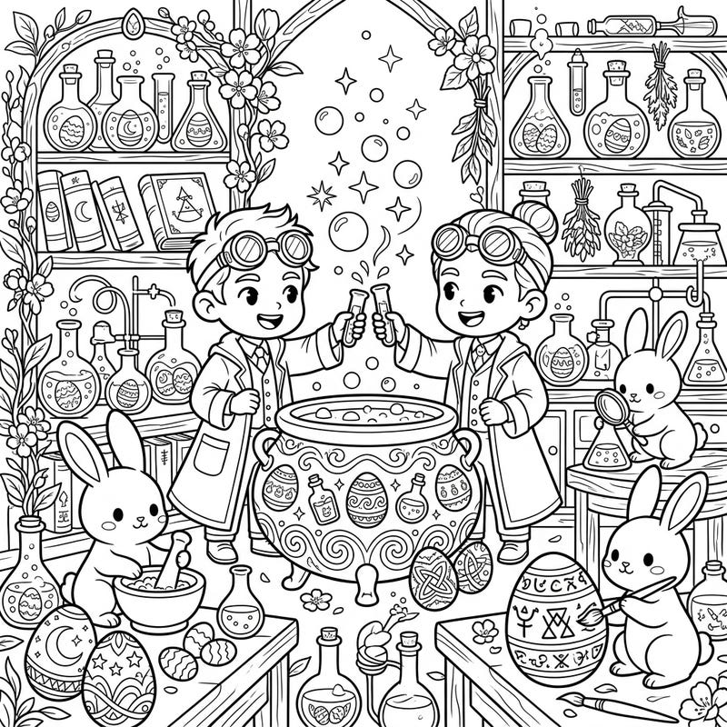 Step into a fantastical world where alchemists celebrate Easter in their magical laboratory! This intricate coloring page, designed for teens, blends science and seasonal fun with enchanted eggs and bubbling potions.