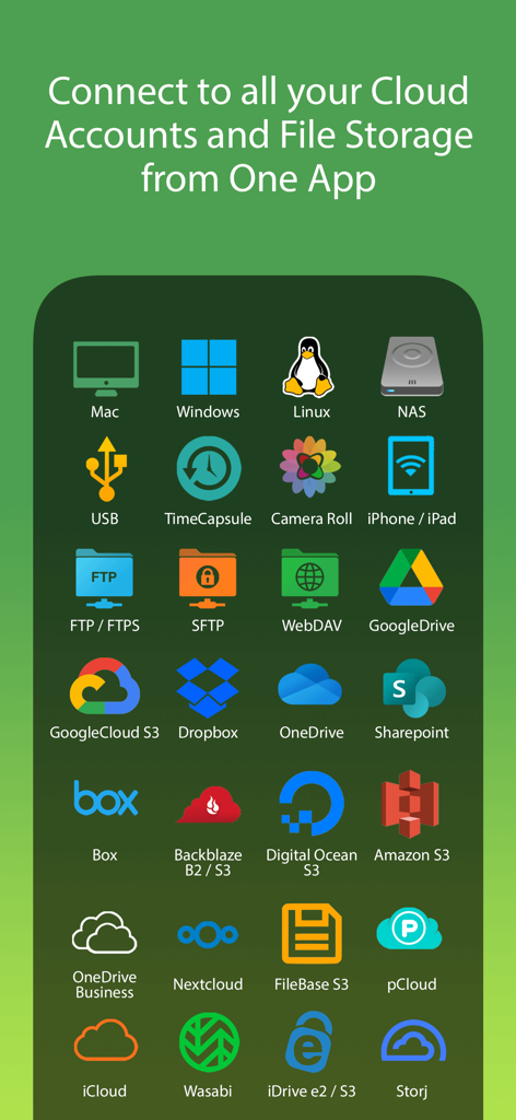 A grid of icons representing over 20 supported cloud and network storage platforms including Google Drive, Dropbox, Amazon S3, and NAS drives for FileBrowser Professional.