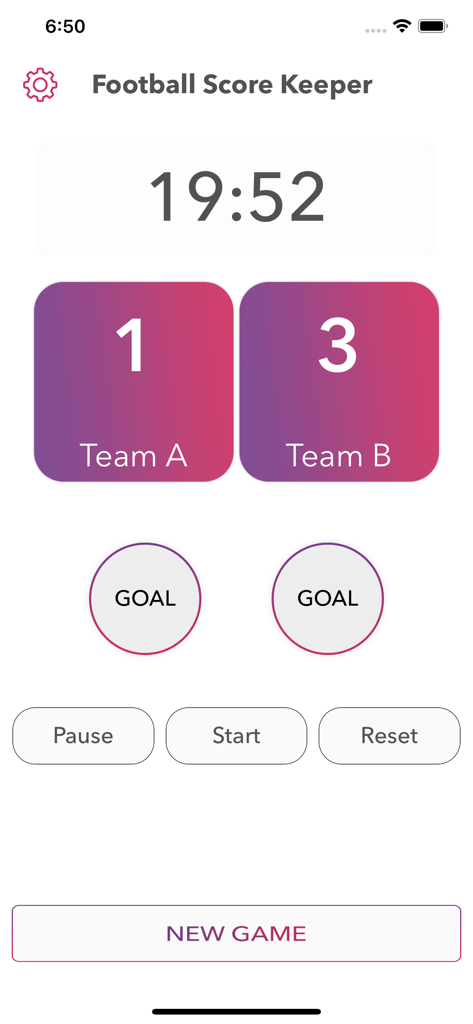 Minimalist soccer scoreboard interface showing match timer and scores for Team A and Team B
