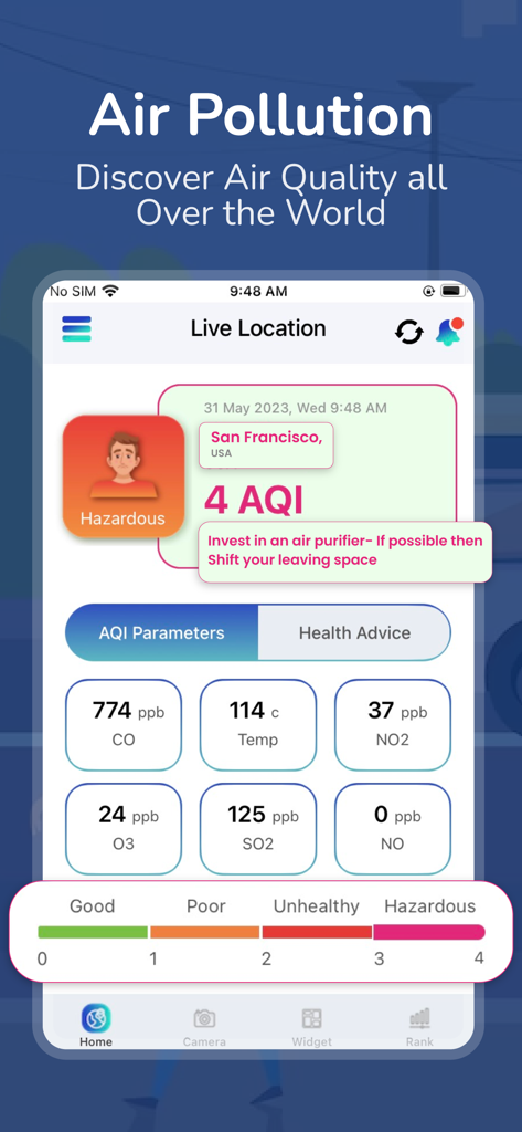 Smartphone app interface displaying live air quality index and pollutant measurements