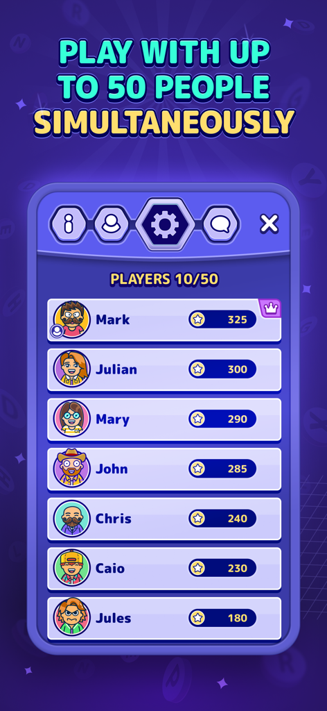 Leaderboard showing scores and custom avatars for players in a StopotS categories game session.