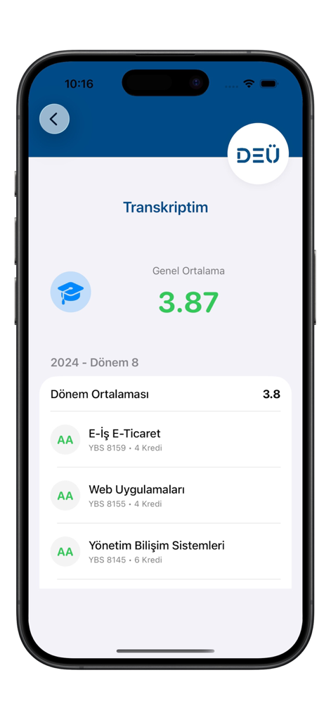 DEU Mobil app transcript screen showing a student GPA of 3.87 and course grades