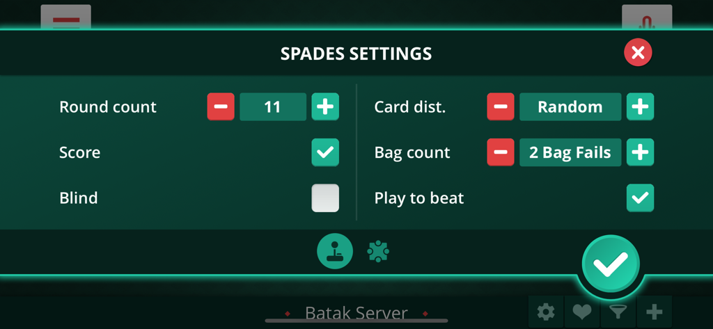 Spades Onlineでゲームのルールとラウンド数をカスタマイズするための設定メニュー。