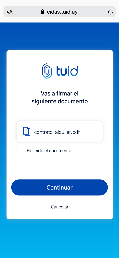 A mobile application interface showing a digital signature request for a rental contract PDF file.