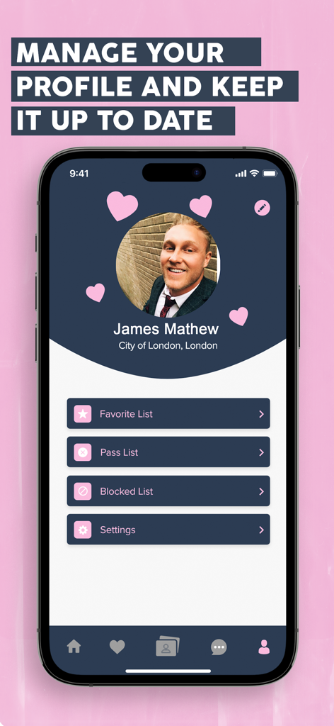User profile management screen in the Love at First Swipe dating app showing options for favorite pass and blocked lists.