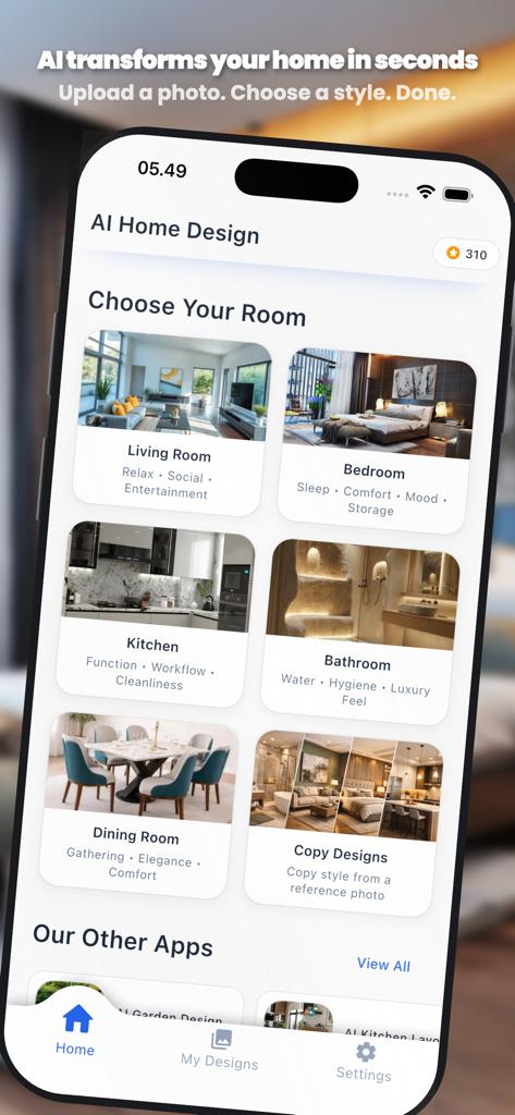 AI Home Design  Interior Decor - Main interface of the AI Home Design app displaying options to select rooms for interior decoration including living room and bedroom.