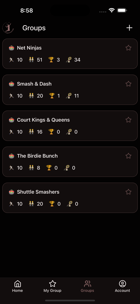 Badminton Score app showing a list of private player groups and their match statistics