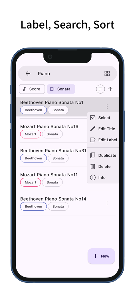 ScorePDF: Sheet Music Viewer - ScorePDF app interface showing sheet music library with labels search and sorting options for piano scores