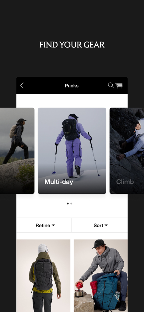 Arc'teryx - Outdoor Gear Shop - Arc'teryx mobile app screen showing technical packs for multi-day skiing and rock climbing activities.