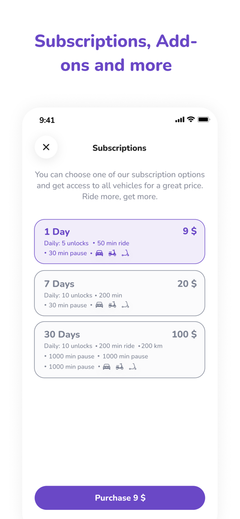 Reby mobility - Interfaccia dei piani di abbonamento Reby mobility che mostra le opzioni di prezzo giornaliere, settimanali e mensili per monopattini e biciclette.