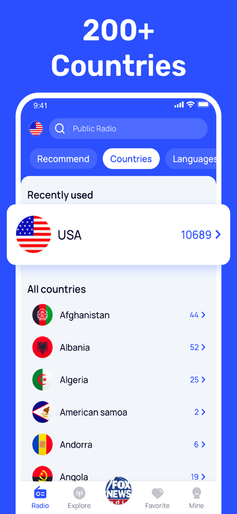 FM Radio - Local Radio - The FM Radio app interface showing a list of radio stations organized by over 200 countries including the USA