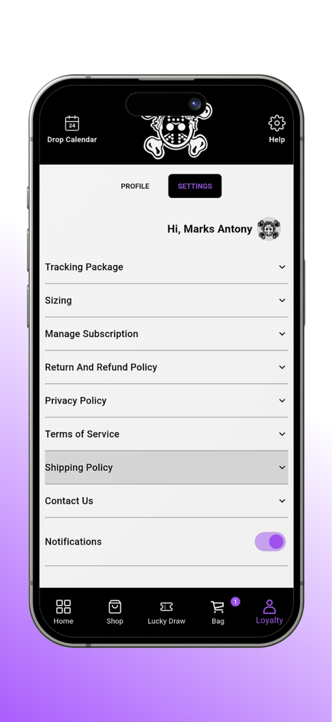 OM NEWYORK - Settings screen of the OM NEWYORK app showing account options like tracking sizing and policies