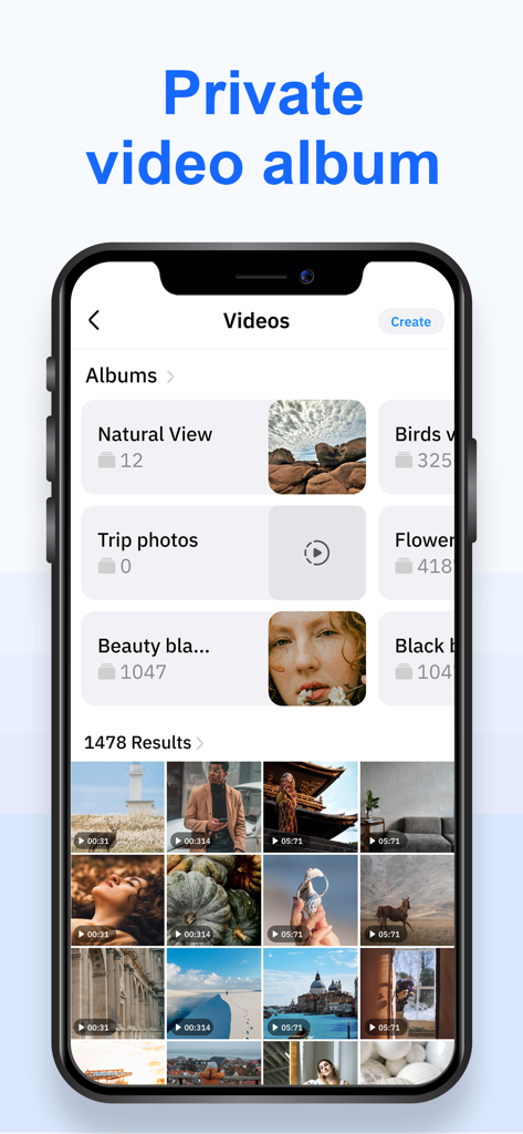 Secure Folder - Gallery Lock - Una interfaz móvil de la aplicación Secure Folder que muestra una bóveda de videos privados con álbumes organizados y miniaturas de video