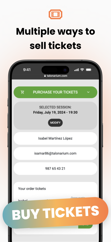Talonarium - Pantalla de smartphone mostrando la interfaz de compra de entradas de Talonarium con selección de sesión y campos de contacto del cliente.