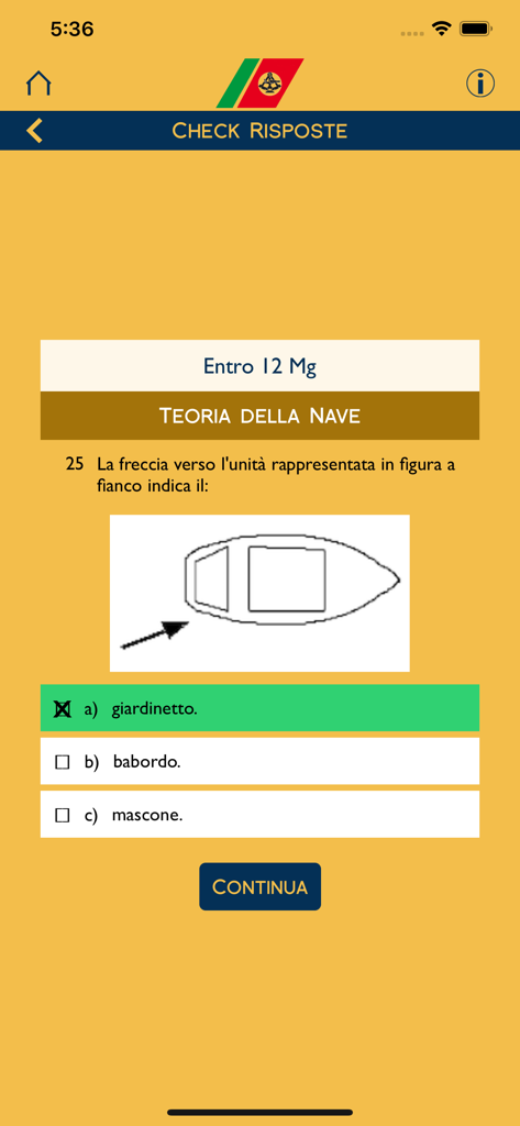 Il Sestante - Interface of the Il Sestante app showing a nautical theory quiz question about ship parts with multiple choice answers in Italian
