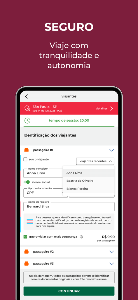 DeÔnibus - Passagens de Ônibus - DeOnibus app screenshot showing passenger identification form with social name and secure travel options