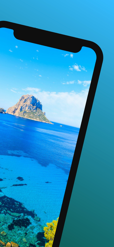 Ibiza Travel Guide. - Smartphone screen showing a scenic view of Es Vedra island and turquoise water in Ibiza