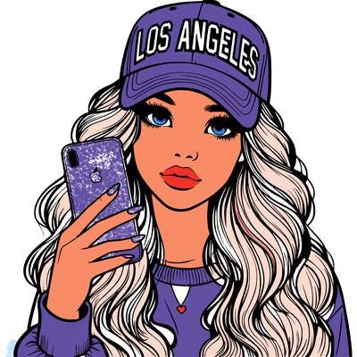 realistic beautiful girl wearing los ángeles cap holding an iphone