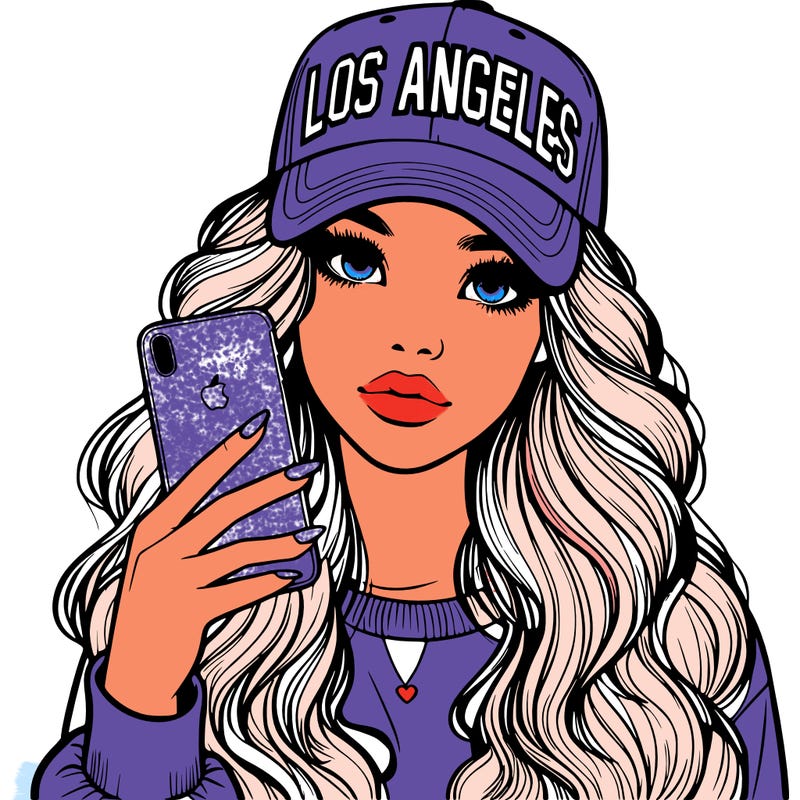 realistic beautiful girl wearing los ángeles cap holding an iphone