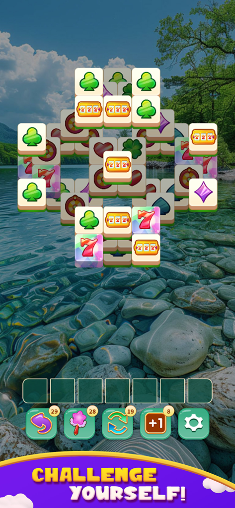 Surprise 3 Tiles - Surprise 3 Tiles gameplay featuring mahjong tiles and a peaceful lake background