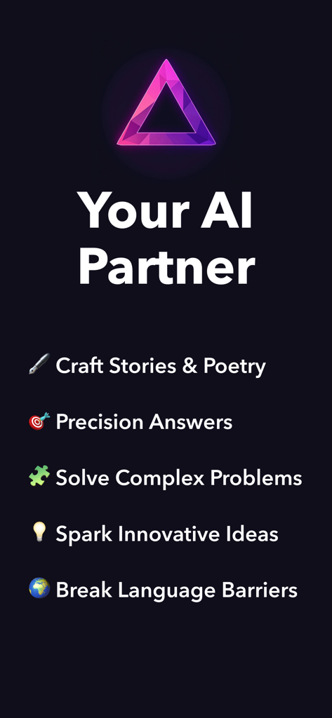 Gwen AI Chatbot Assistant - Tela do aplicativo Gwen AI destacando Seu Parceiro de IA e uma lista de recursos principais de IA, incluindo escrita criativa e resolução de problemas.