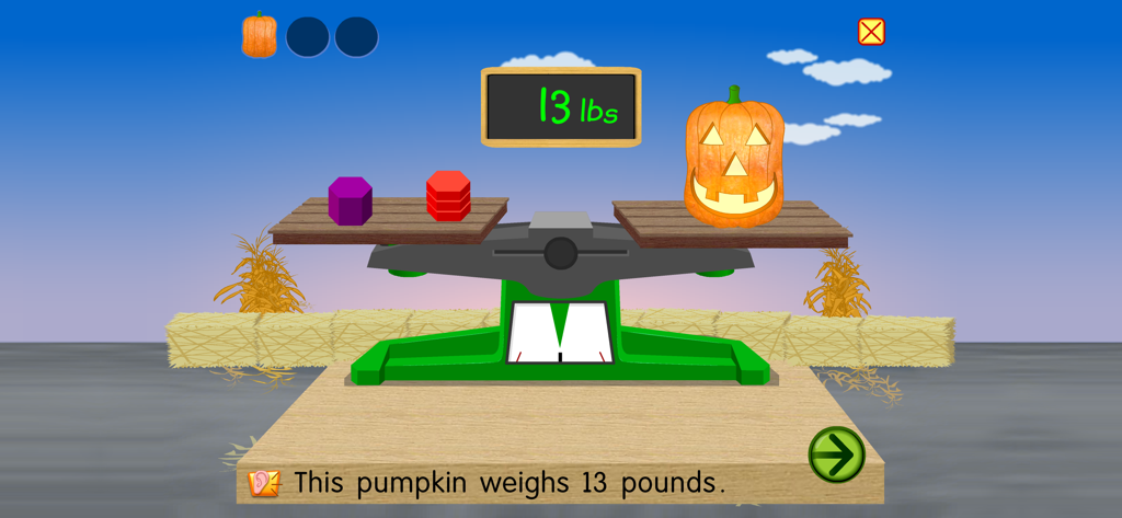 A jack-o-lantern being weighed on a balance scale showing 13 pounds in the Starfall Pumpkin educational app.