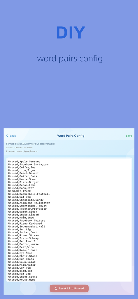UnderCover: DIY - Interface for configuring custom word pairs in the UnderCover DIY party game