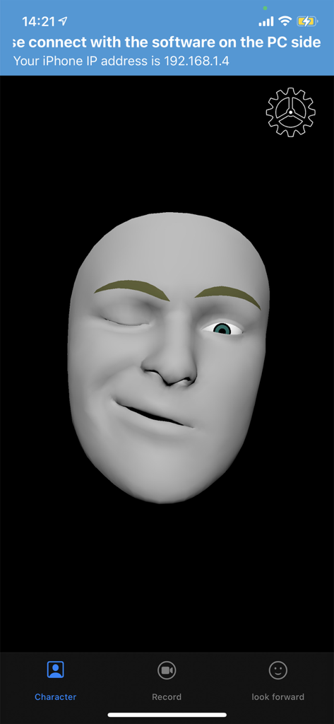 iFacialMocap - iFacialMocap app interface showing a grey 3D head model mimicking facial expressions for real time motion capture
