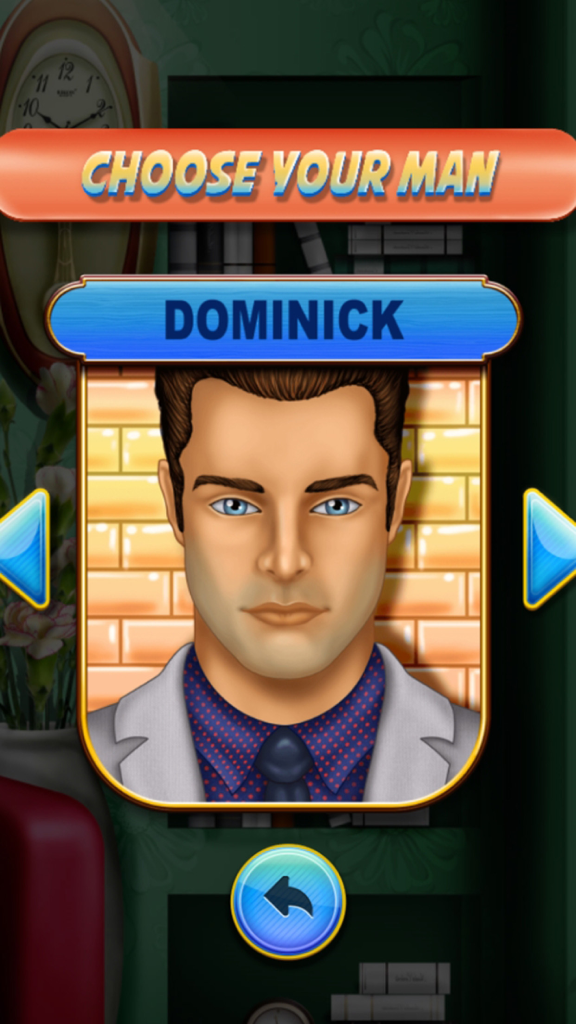 Una pantalla de selección de personajes en el juego Barber Shop Beard and Mustache que muestra a un hombre llamado Dominick.