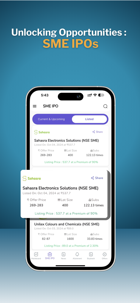 IPO Ji - IPO Info News & Apply - IPO JiアプリでSME IPO情報とパフォーマンスデータが表示されたスマートフォン画面。