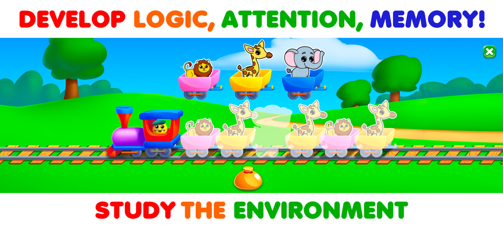 RMB Games - Toddler Learning - A colorful cartoon train carrying animals in an educational game for toddlers