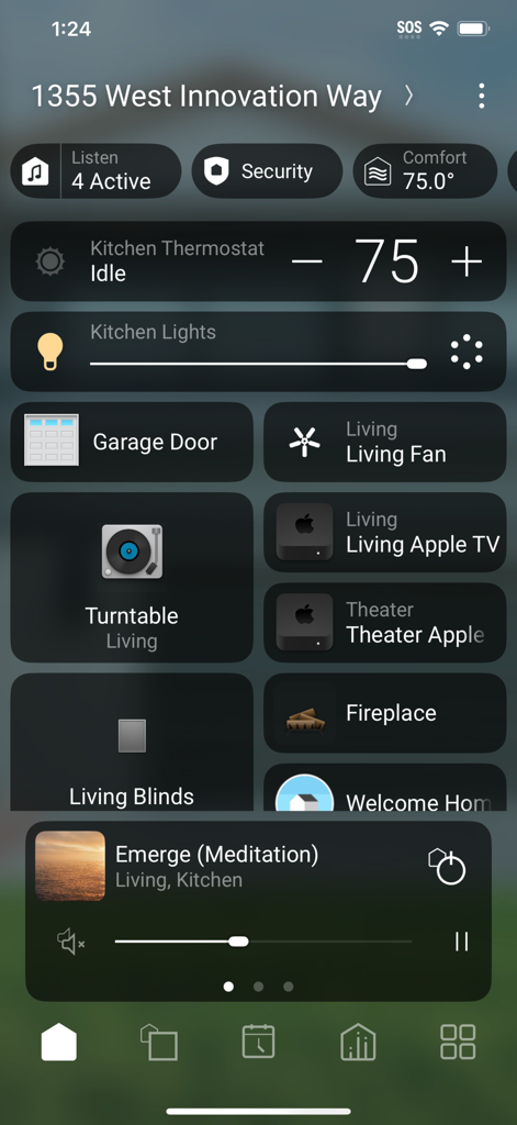 Control4 - Control4 app dashboard showing integrated home controls for thermostat lighting and music