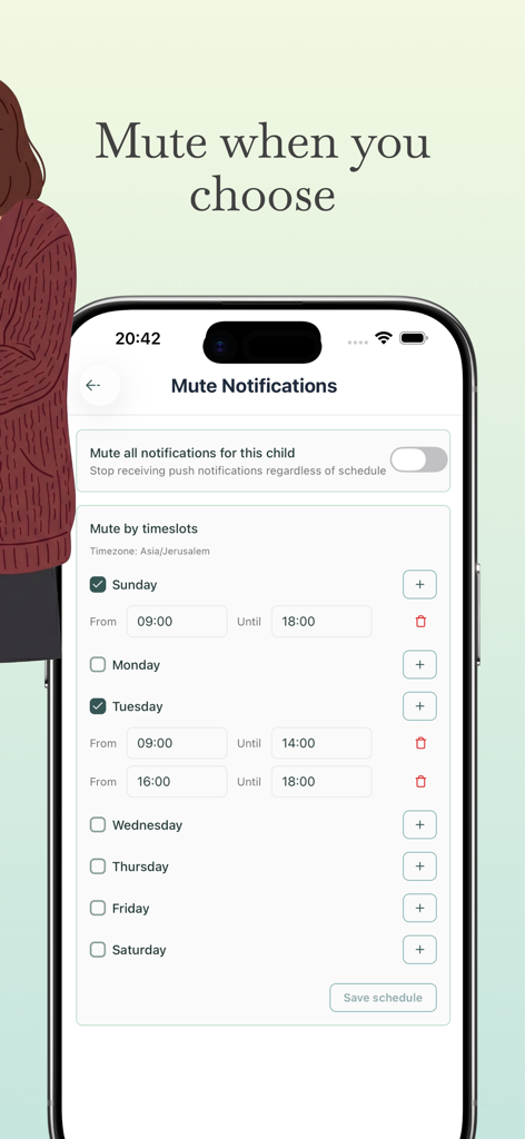 Baby Daily Care: AI Tracker - Interface of Baby Daily Care app showing mute notification schedules for specific days and times