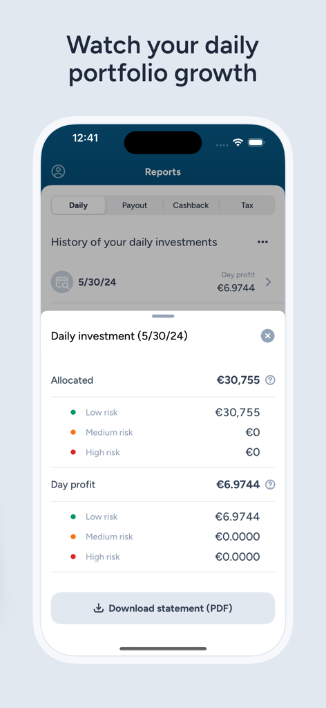 Interface de l'application Quanloop Funds montrant l'historique quotidien des investissements et les rapports de profits du portefeuille.