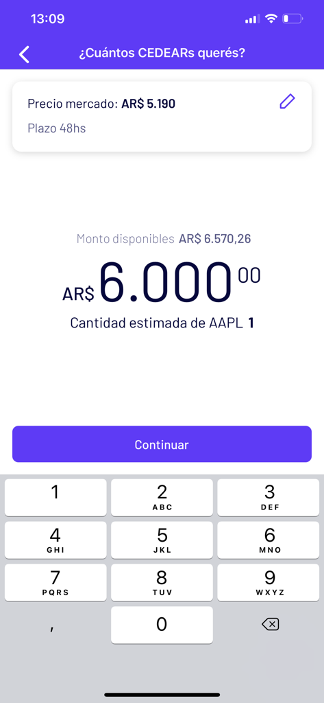 IOL: Dólar, acciones, ¡y más! - Apple CEDEAR 구매 금액을 입력하는 사용자를 보여주는 IOL 앱의 모바일 인터페이스