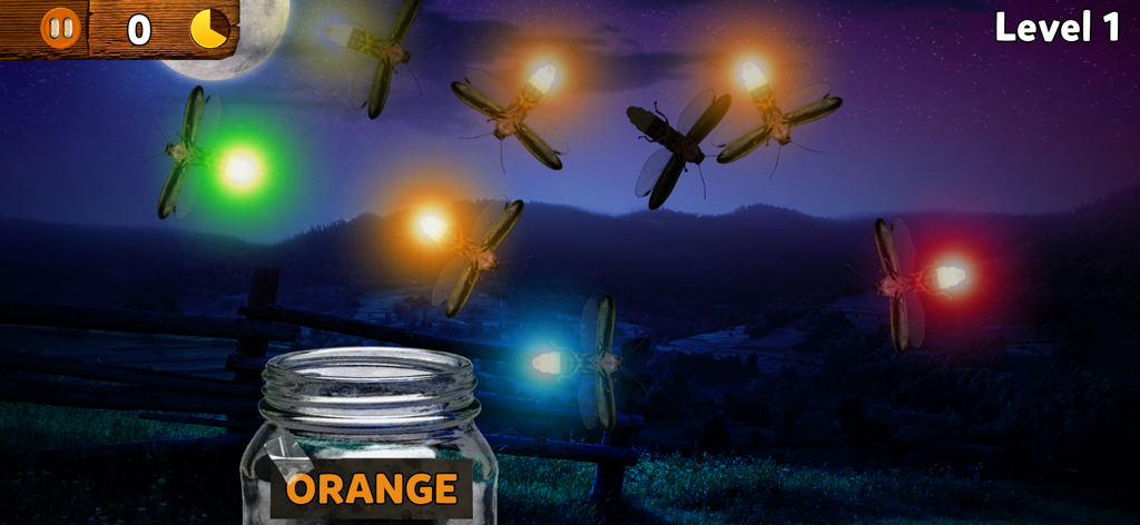 Firefly color matching game with a jar labeled Orange in Bugs and Buttons app