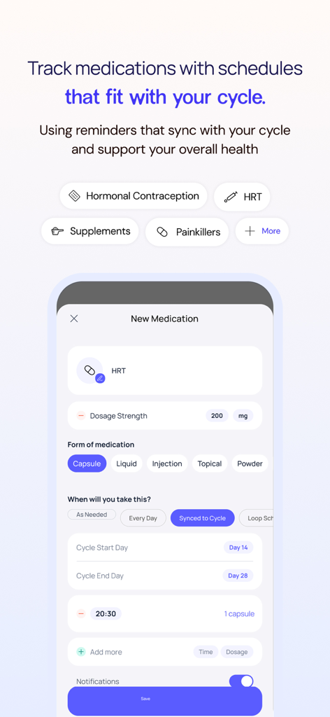 Samphire - Samphire app interface for tracking medication and supplement schedules synced with the menstrual cycle
