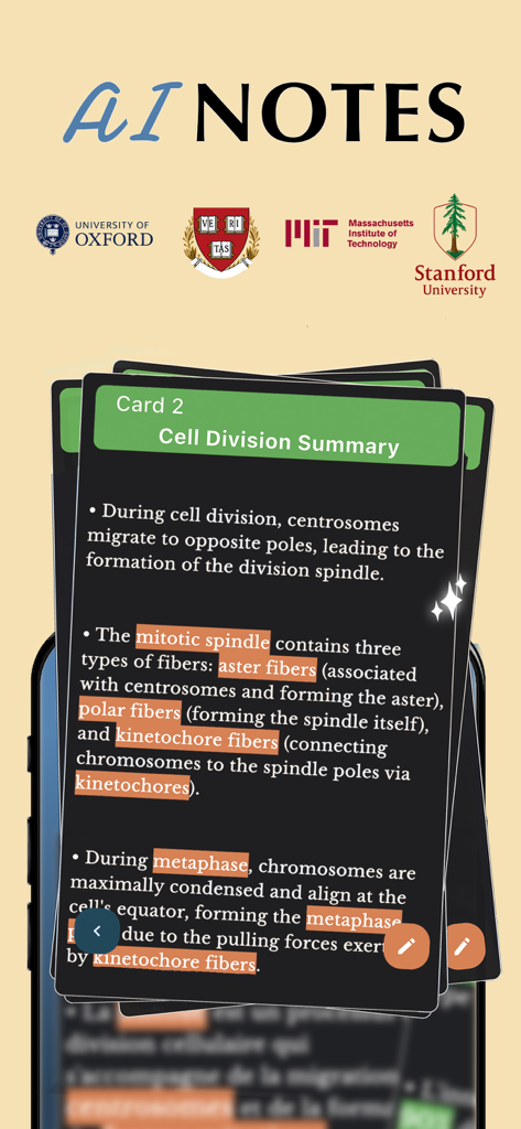 Aistote : AI QUIZ - Interface de l'application Aistote montrant des notes d'étude générées par IA sur la division cellulaire avec des logos universitaires dont Harvard et MIT.