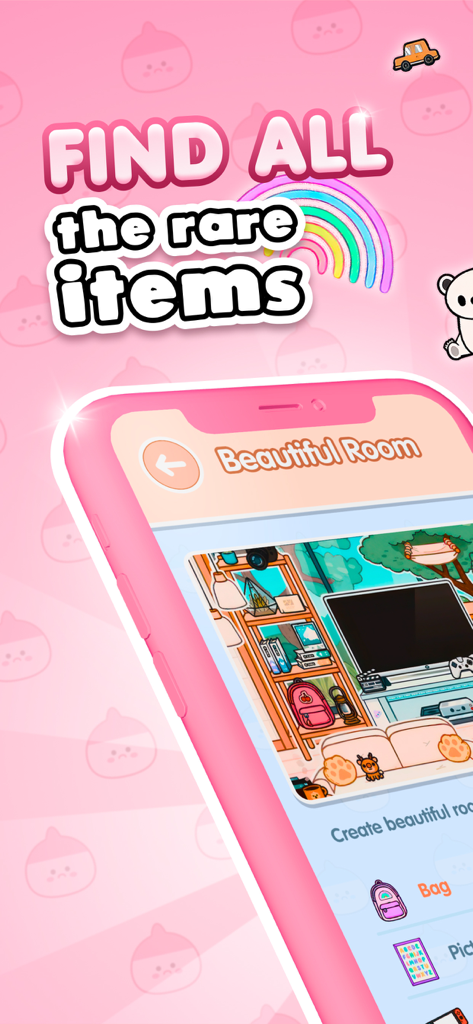 TB Master app interface showing a guide to find rare items and aesthetic room designs for Toca Life World
