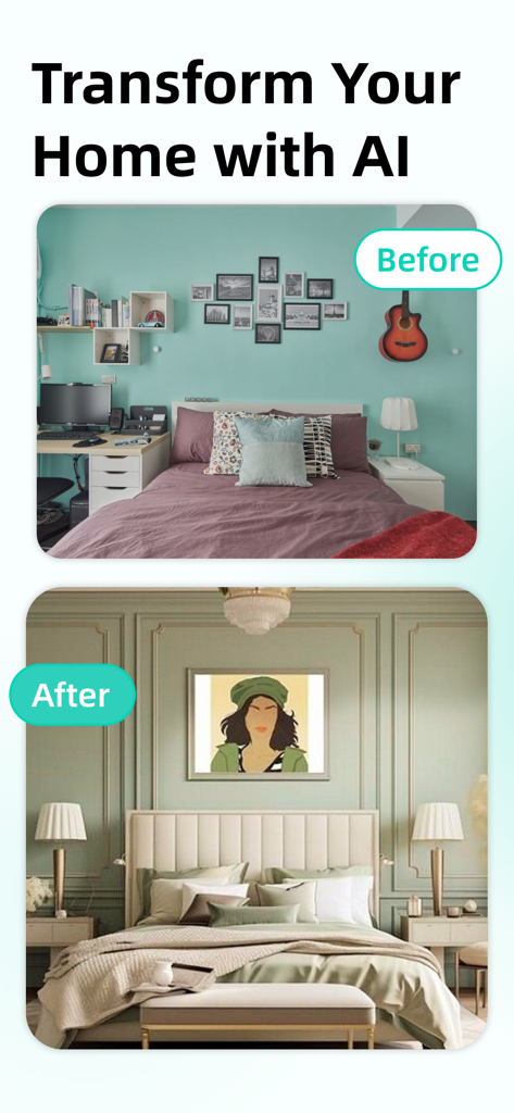 iArch - AI  Home Design - Before and after bedroom transformation using AI interior design app