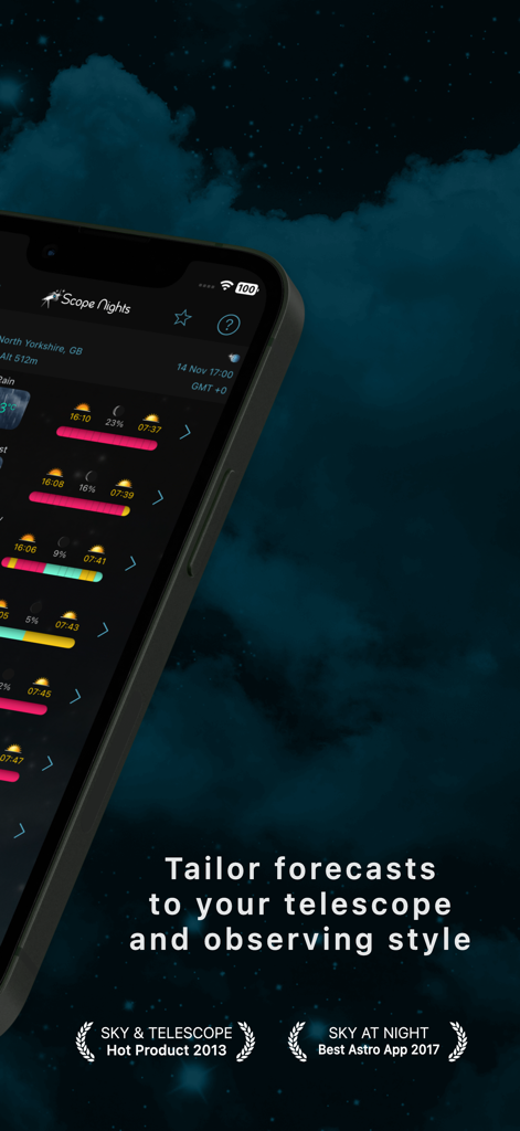 Scope Nights Astronomy Weather - iPhone screen showing Scope Nights stargazing weather forecast app with awards and star background